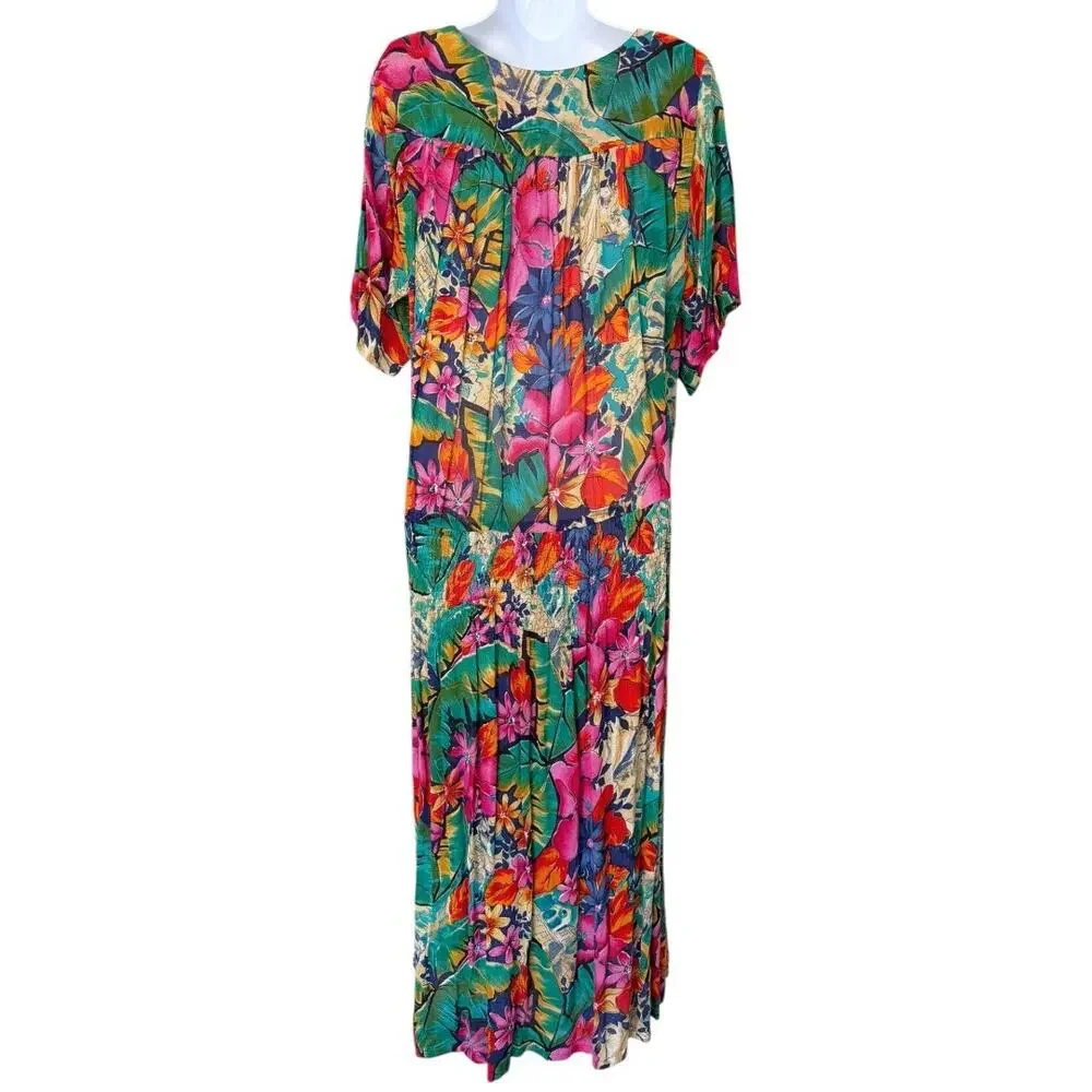 Vintage 80s Bandini Tropical Floral Maxi Dress Women’s XL Rayon Resort Botanical - Picture 4 of 6